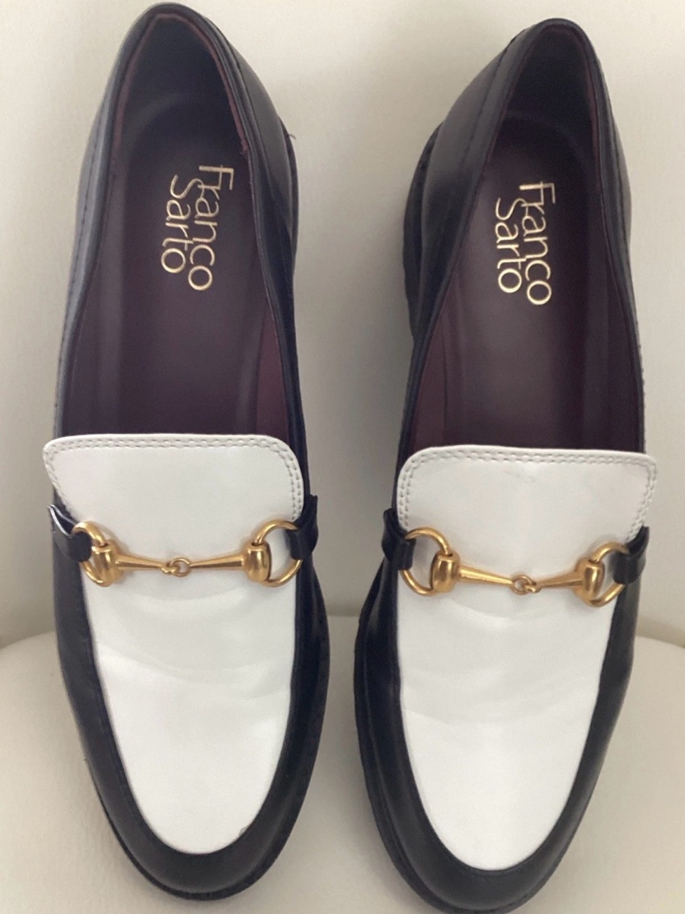 Franco Sarto Two-Tone Black and White Leather Loafers with Gold Bit